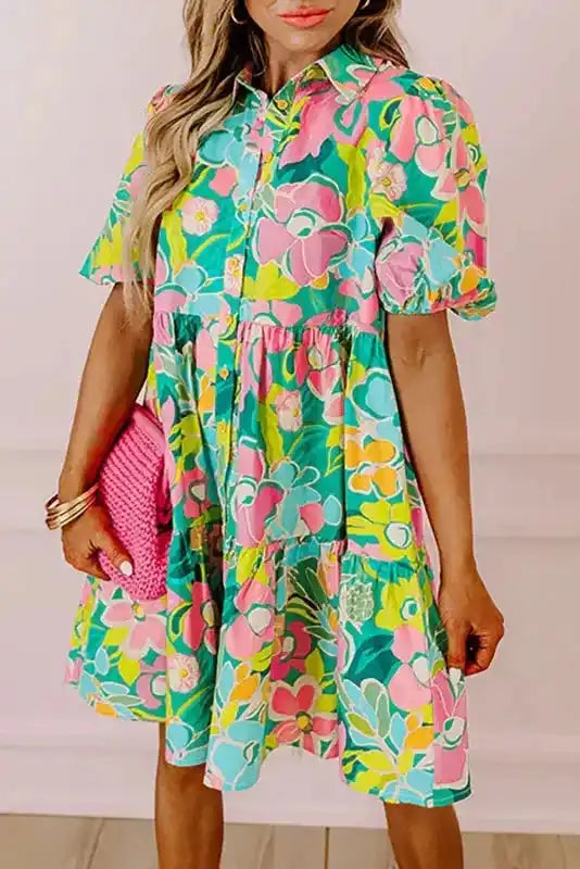 Floral puff sleeve collar buttoned babydoll mini dress front view — Fashionfitz UK