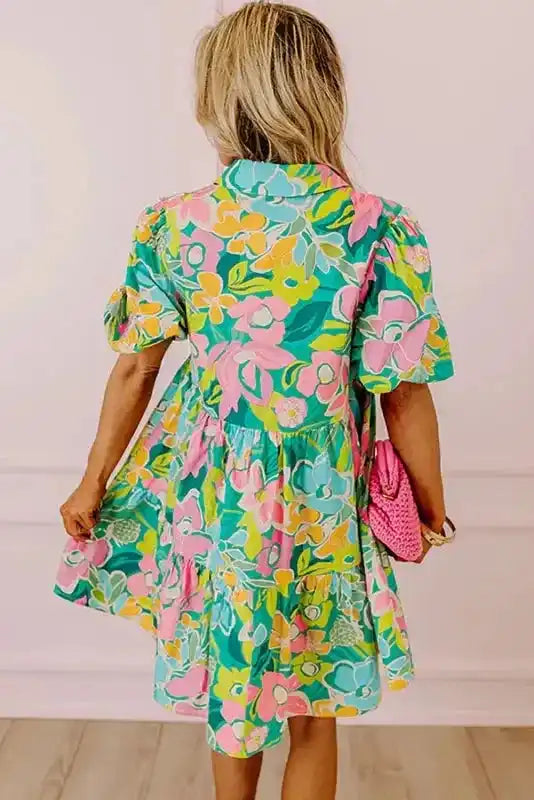 Floral puff sleeve babydoll mini dress back view — Fashionfitz UK