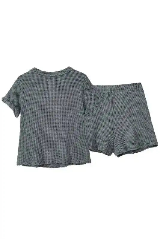 Laurel Green Waffle Knit Buttoned Top and Drawstring Shorts Set - Fashionfitz