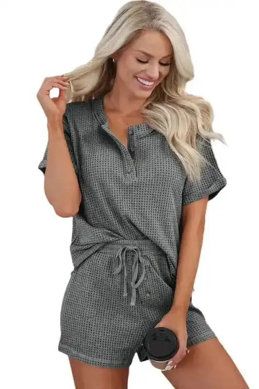 Laurel Green Waffle Knit Buttoned Top and Drawstring Shorts Set - Fashionfitz