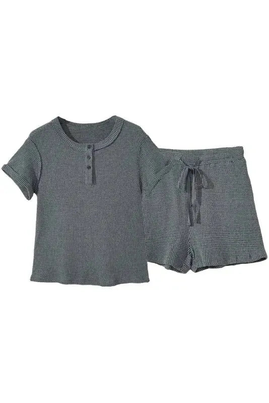 Laurel Green Waffle Knit Buttoned Top and Drawstring Shorts Set - Fashionfitz