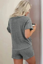 Laurel Green Waffle Knit Buttoned Top and Drawstring Shorts Set - Fashionfitz