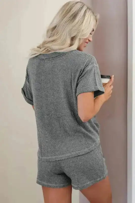 Laurel Green Waffle Knit Buttoned Top and Drawstring Shorts Set - Fashionfitz