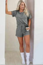 Laurel Green Waffle Knit Buttoned Top and Drawstring Shorts Set - Fashionfitz