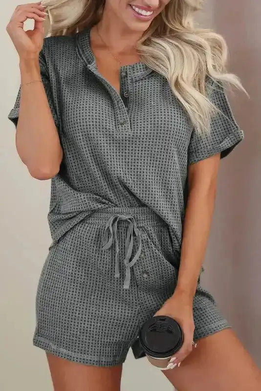 Laurel Green Waffle Knit Buttoned Top and Drawstring Shorts Set - Fashionfitz