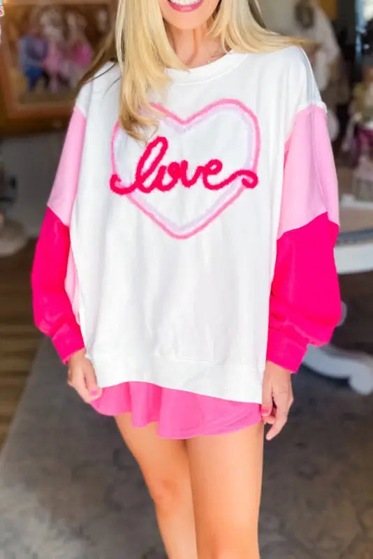 White tinsel love heart graphic color block sleeve sweatshirt - 2xl / 95% polyester + 5% elastane - sweatshirts &