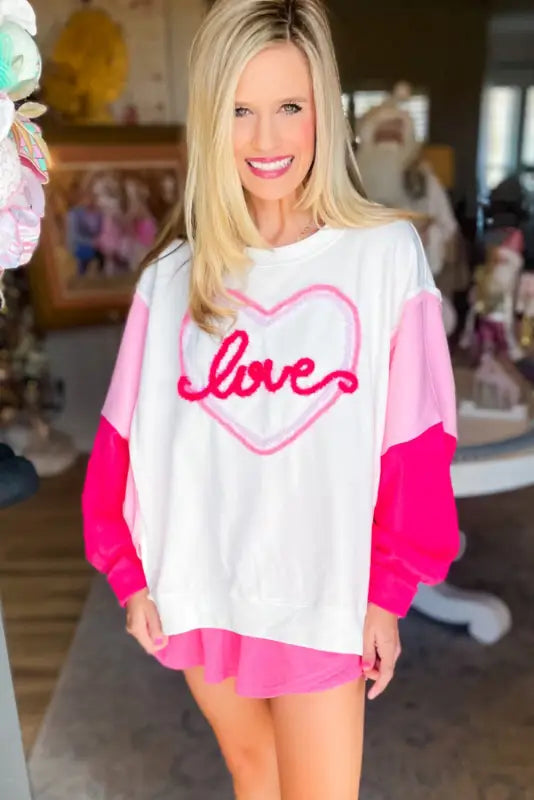 White tinsel love heart graphic color block sleeve sweatshirt - sweatshirts & hoodies