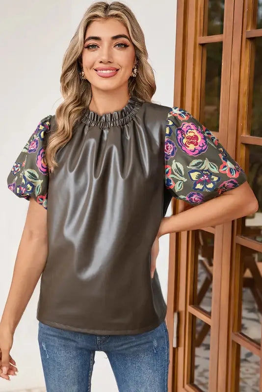 Lucky bloom leatherette blouse