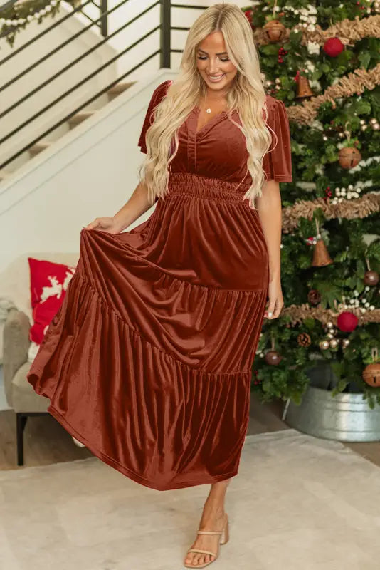 Luxe velvet maxi dress | shirred waist & tiered design