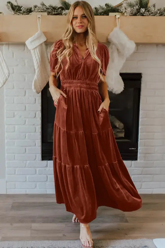 Luxe velvet maxi dress | shirred waist & tiered design