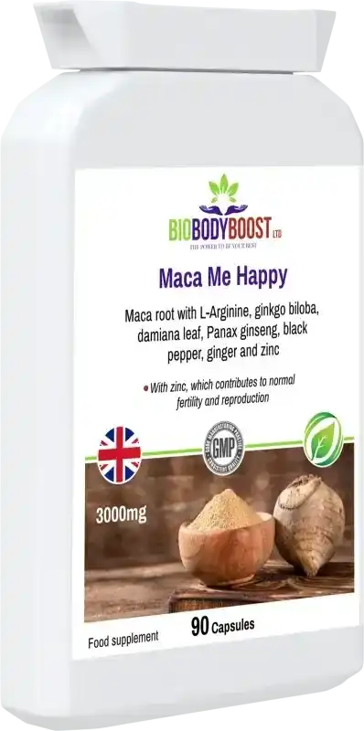 Angled front view of Maca Root Supplement - Boost Vitality with 90 capsules, highlighting ginseng, L-arginine, and zinc for hormone balance.