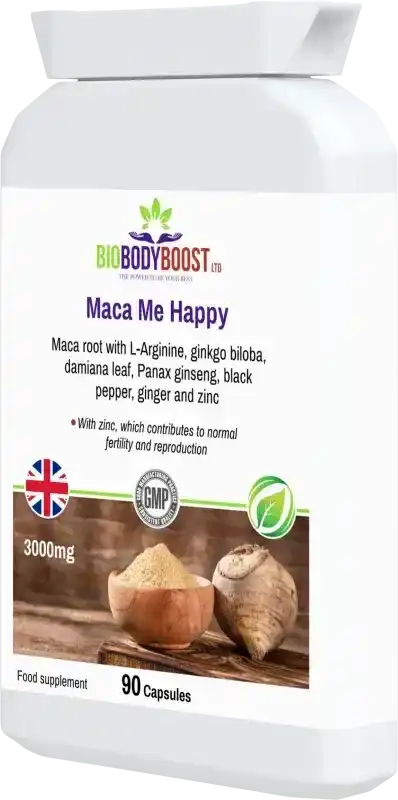Maca Root Supplement - Boost Vitality 3000mg bottle angled view, featuring energy and fertility support with herbal ingredients and UK flag.
