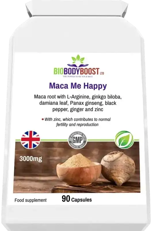 Flat front view of Maca Root Supplement - Boost Vitality with 3000mg herbal blend, supporting energy, libido, and reproductive health.