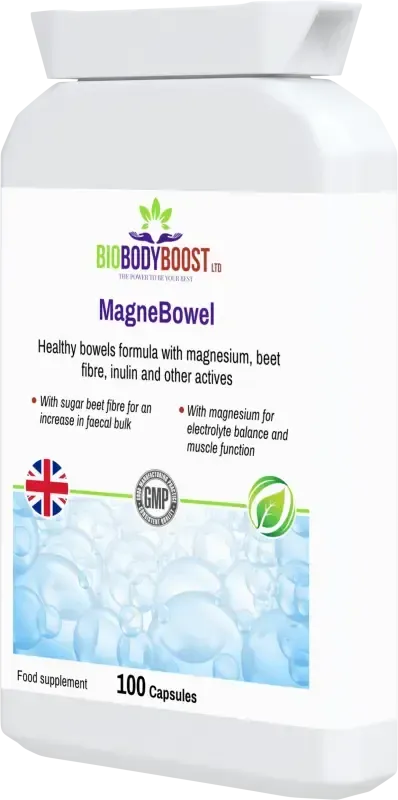 MagneBowel angled view — magnesium detox and bowel cleanse supplement for internal comfort, BioBodyBoost UK