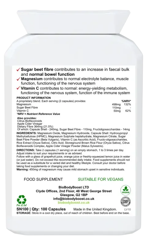 Back label of MagneBowel showing magnesium complex and herbal ingredients with dosage guide and vegan certification