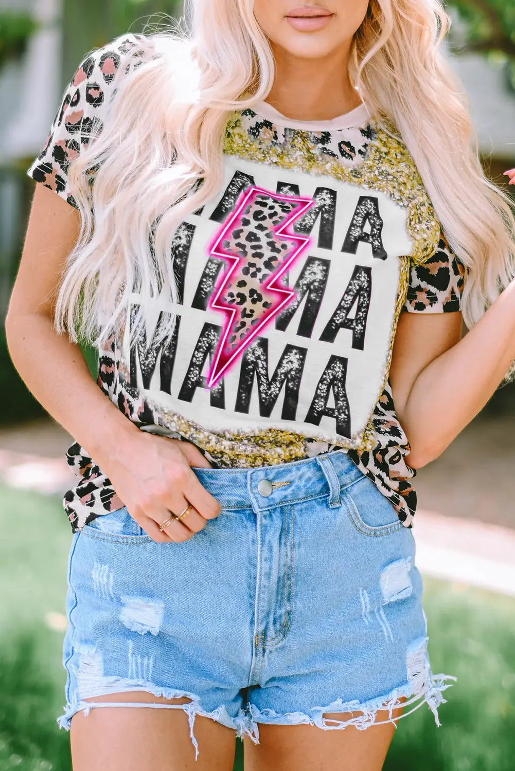Mama lightning graphic leopard dyed t shirt - tops