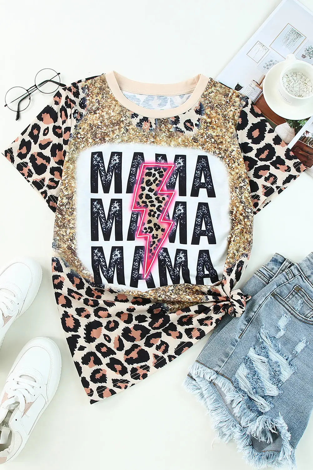 Mama lightning graphic leopard dyed t shirt - tops
