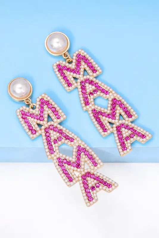 Mama rhinestone pearl dangle stud earrings - accessories