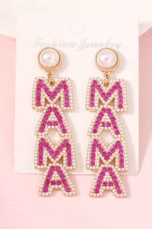 Mama rhinestone pearl dangle stud earrings - accessories