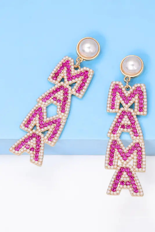 Mama rhinestone pearl dangle stud earrings - accessories