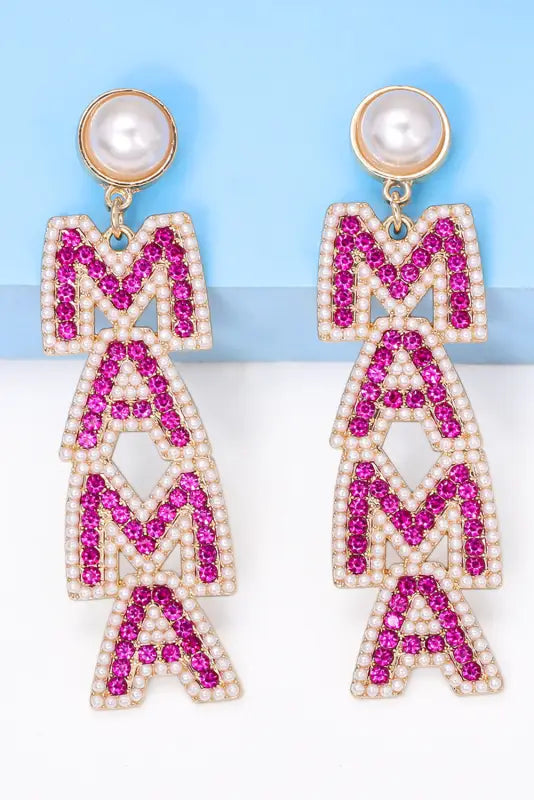 Mama rhinestone pearl dangle stud earrings - accessories