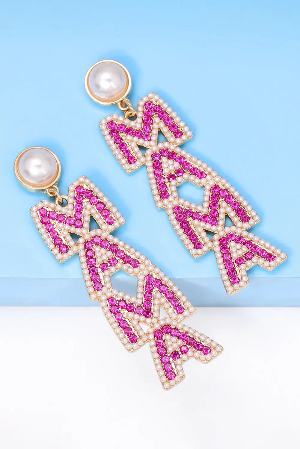 Mama rhinestone pearl dangle stud earrings - rose red / one size / alloy