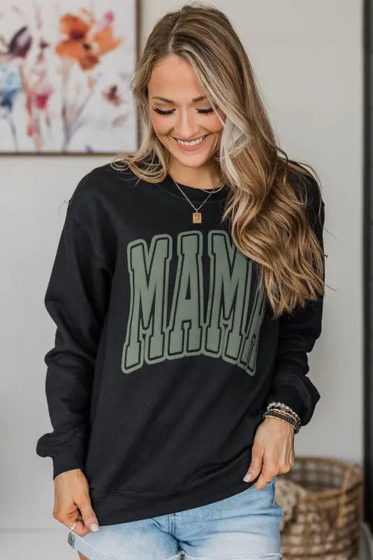 Black mama varsity crew neck sweatshirt - sweatshirts & hoodies