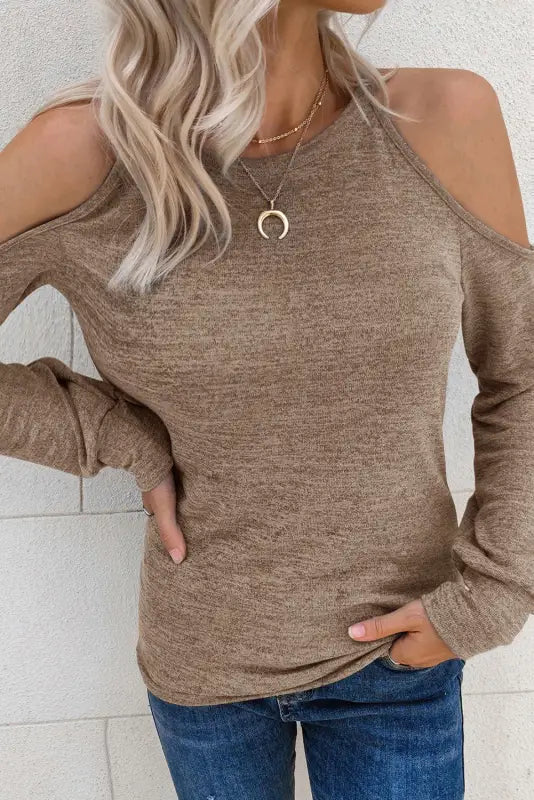 Black marble knit cold shoulder long sleeve top - tops