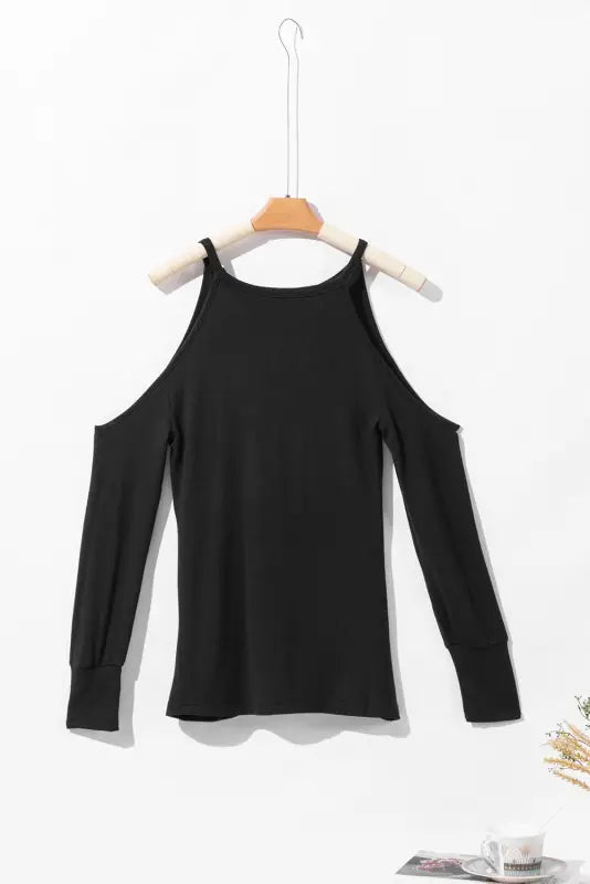 Black marble knit cold shoulder long sleeve top - tops