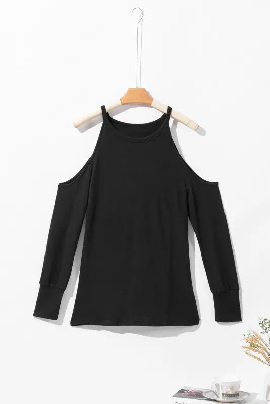 Black marble knit cold shoulder long sleeve top - tops