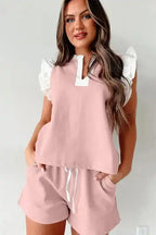 Matching Set - Ruffled Top and Shorts - Light Pink Contrast Trim - Fashionfitz
