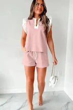 Matching Set - Ruffled Top and Shorts - Light Pink Contrast Trim - Fashionfitz