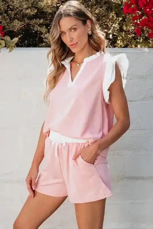 Matching Set - Ruffled Top and Shorts - Light Pink Contrast Trim - Fashionfitz
