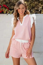 Matching Set - Ruffled Top and Shorts - Light Pink Contrast Trim - Fashionfitz