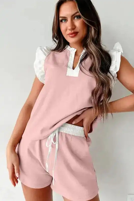 Matching Set - Ruffled Top and Shorts - Light Pink Contrast Trim - Fashionfitz
