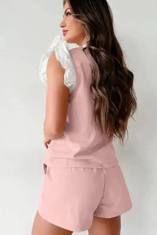 Matching Set - Ruffled Top and Shorts - Light Pink Contrast Trim - Fashionfitz
