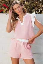 Matching Set - Ruffled Top and Shorts - Light Pink Contrast Trim - Fashionfitz