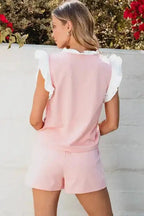 Matching Set - Ruffled Top and Shorts - Light Pink Contrast Trim - Fashionfitz