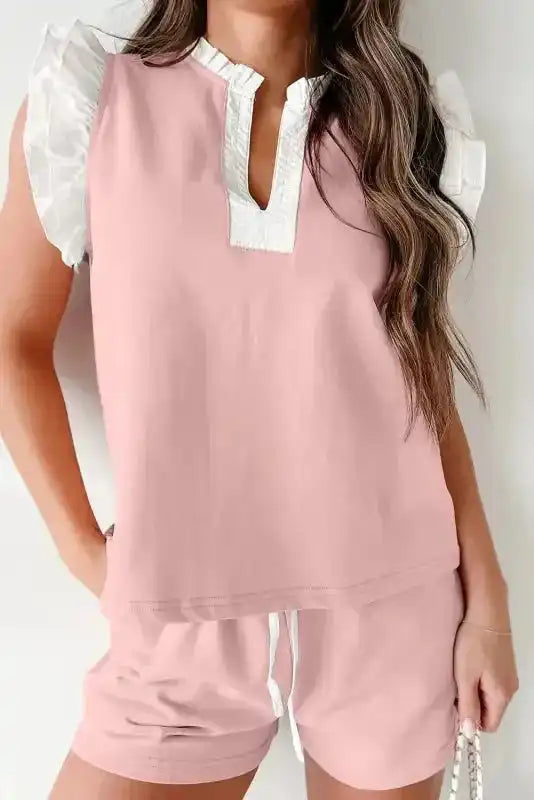 Light pink contrast trim shirred ruffled top and shorts set front view — Fashionfitz UK