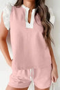 Matching Set - Ruffled Top and Shorts - Light Pink Contrast Trim - Fashionfitz