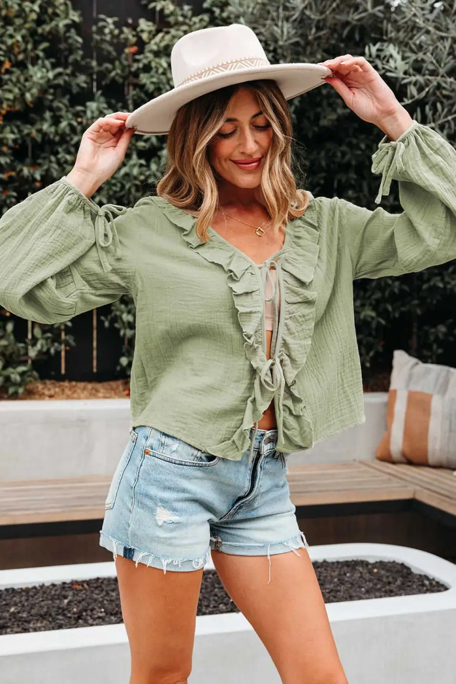 Green Cotton Bow Detail Meadow Blouse Women UK styled with wide sleeves and bow cuffs for a breezy everyday casual look — Fashionfitz