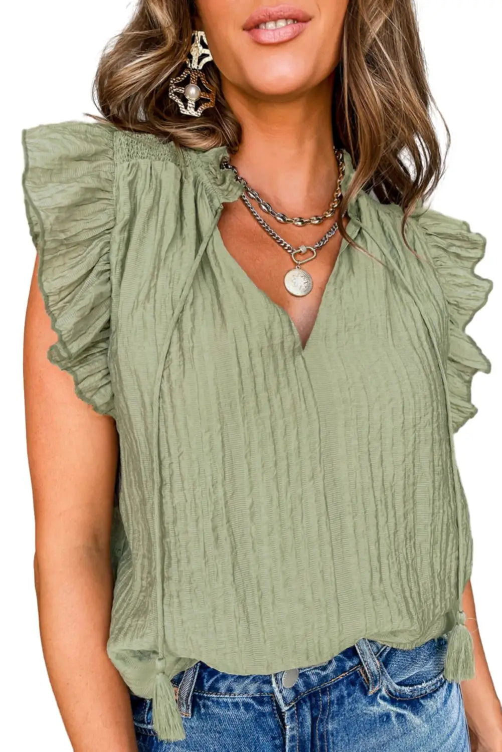 Meadow mist green v neck flutter sleeve textured blouse