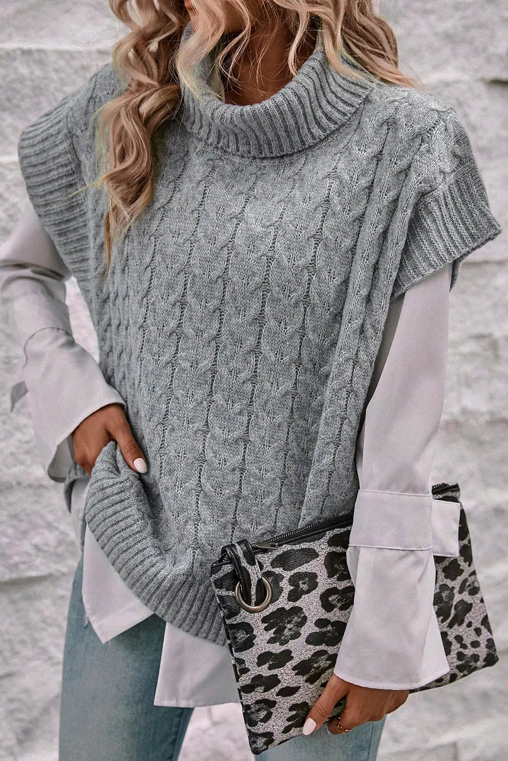 Medium grey cable knit turtleneck batwing sleeve sweater -