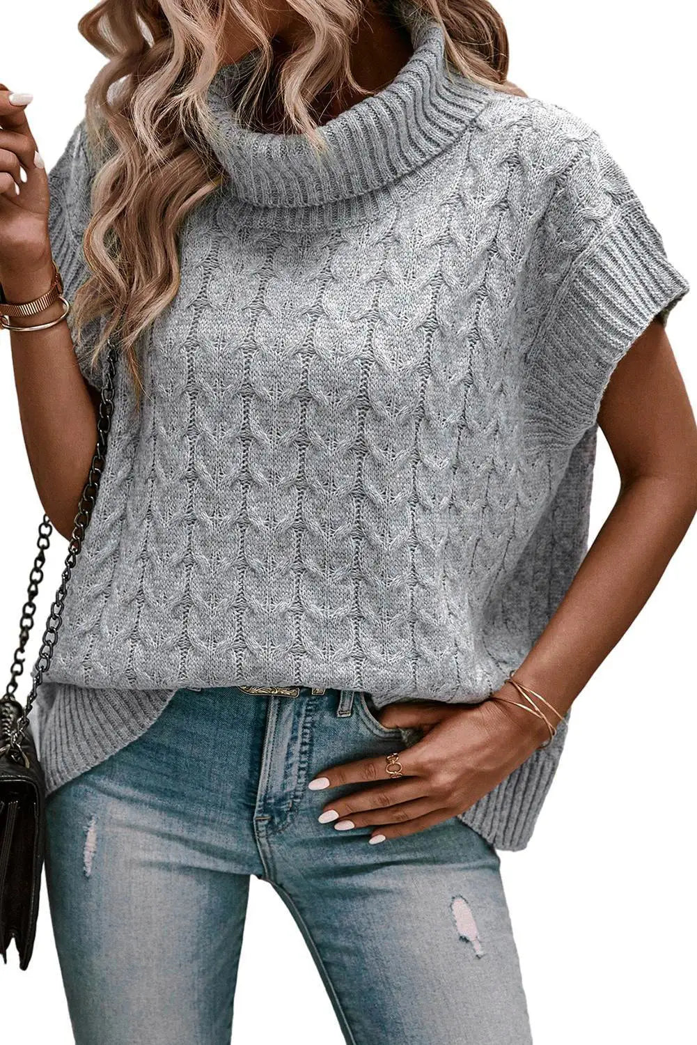 Medium grey cable knit turtleneck batwing sleeve sweater -