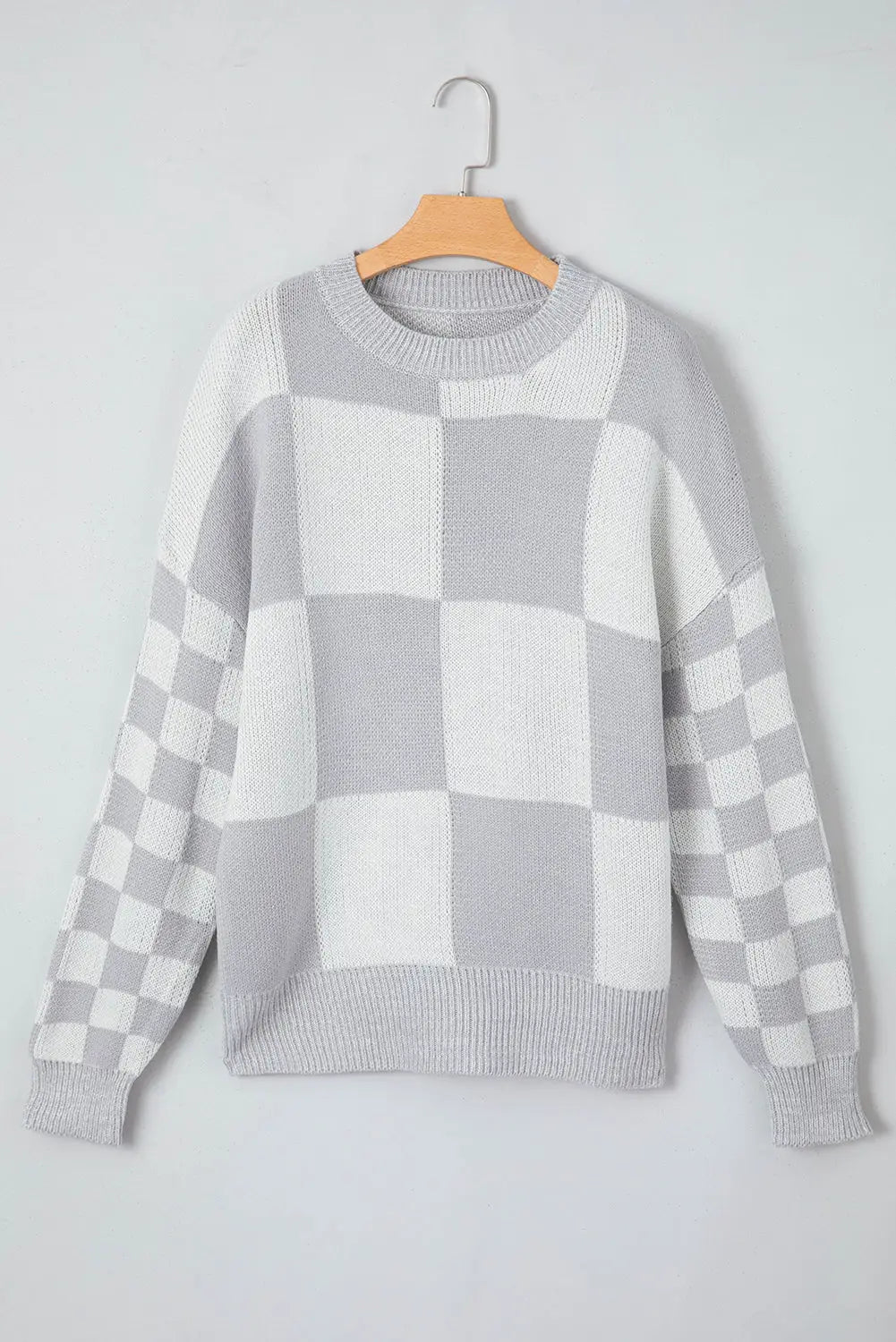 Medium grey checkered print drop shoulder sweater - tops