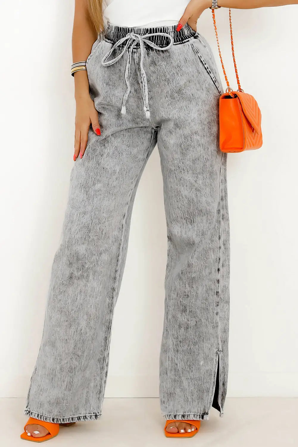 Medium grey drawstring elastic waist wide leg jeans -