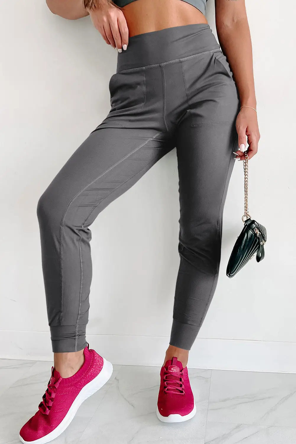 Medium grey exposed seam high waist pocketed joggers - s / 100% polyester