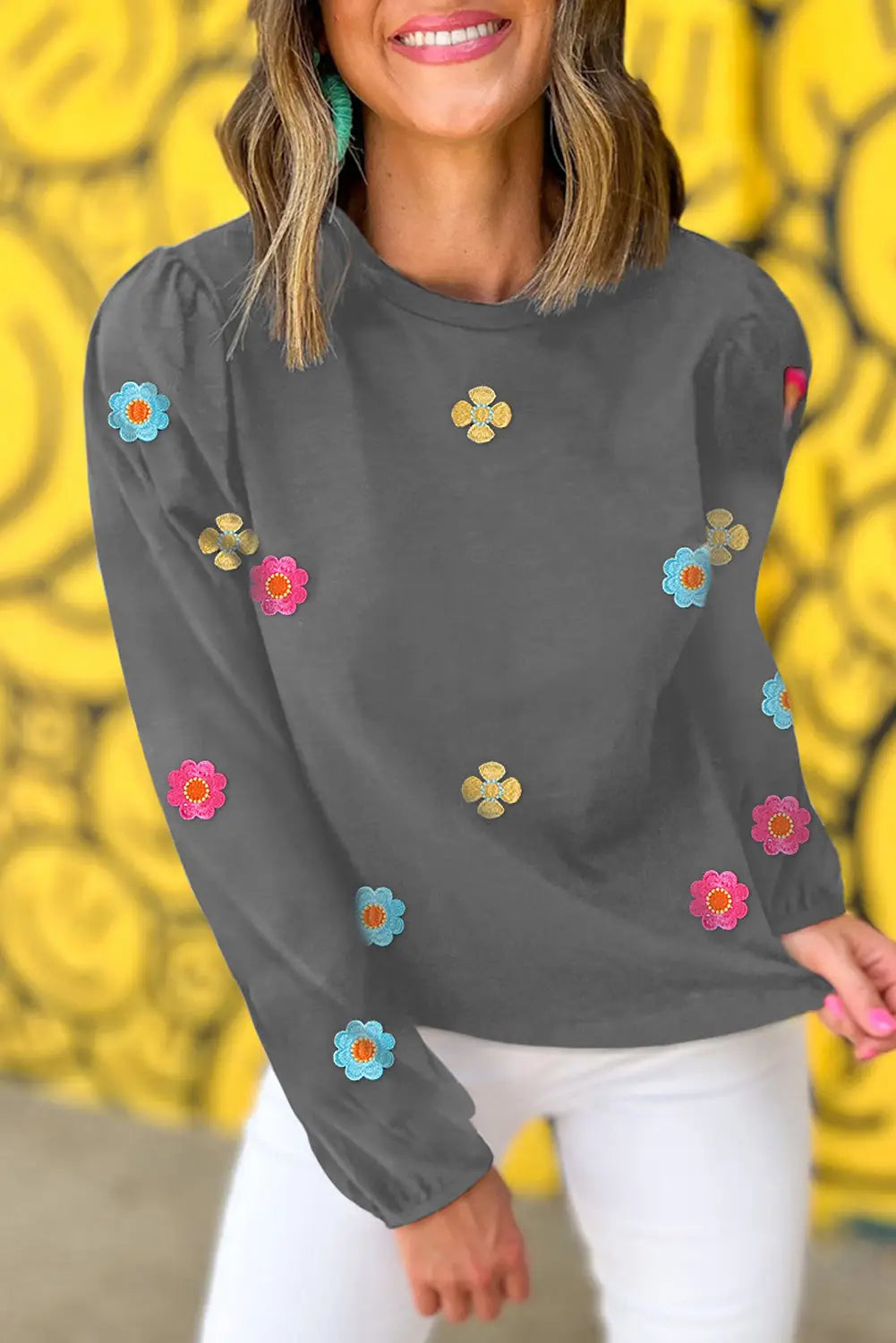 Medium grey floral embroidered puff sleeve blouse - s / 95% cotton + 5% polyester - blouses & shirts