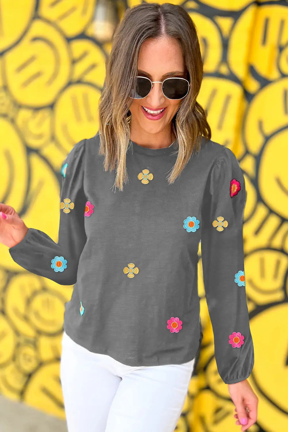 Medium grey floral embroidered puff sleeve blouse - blouses & shirts