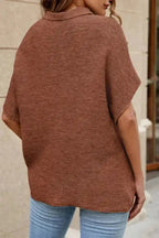 Back view of brown short sleeve sweater with relaxed fit and batwing cut. Ideal for casual fall and autumn wear.